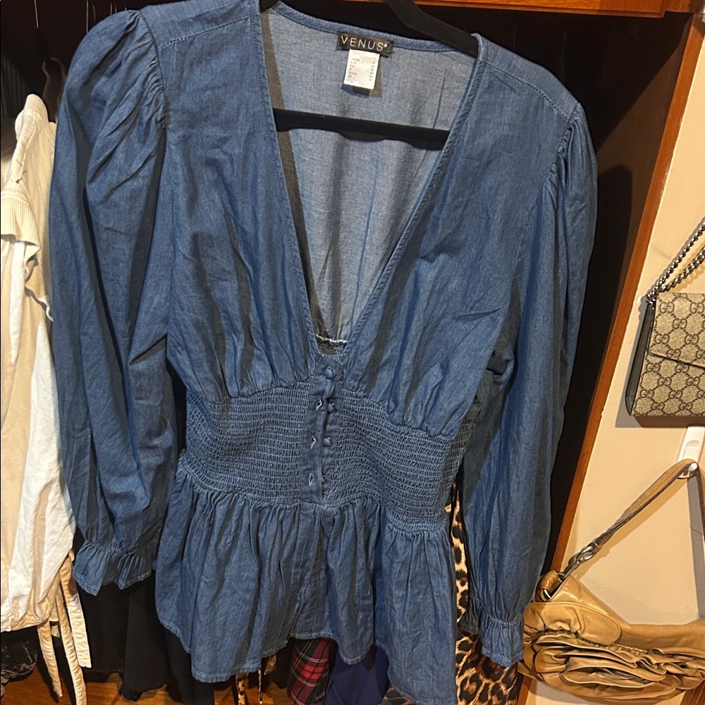 VENUS Deep Blue Blouse with Smocked Waist